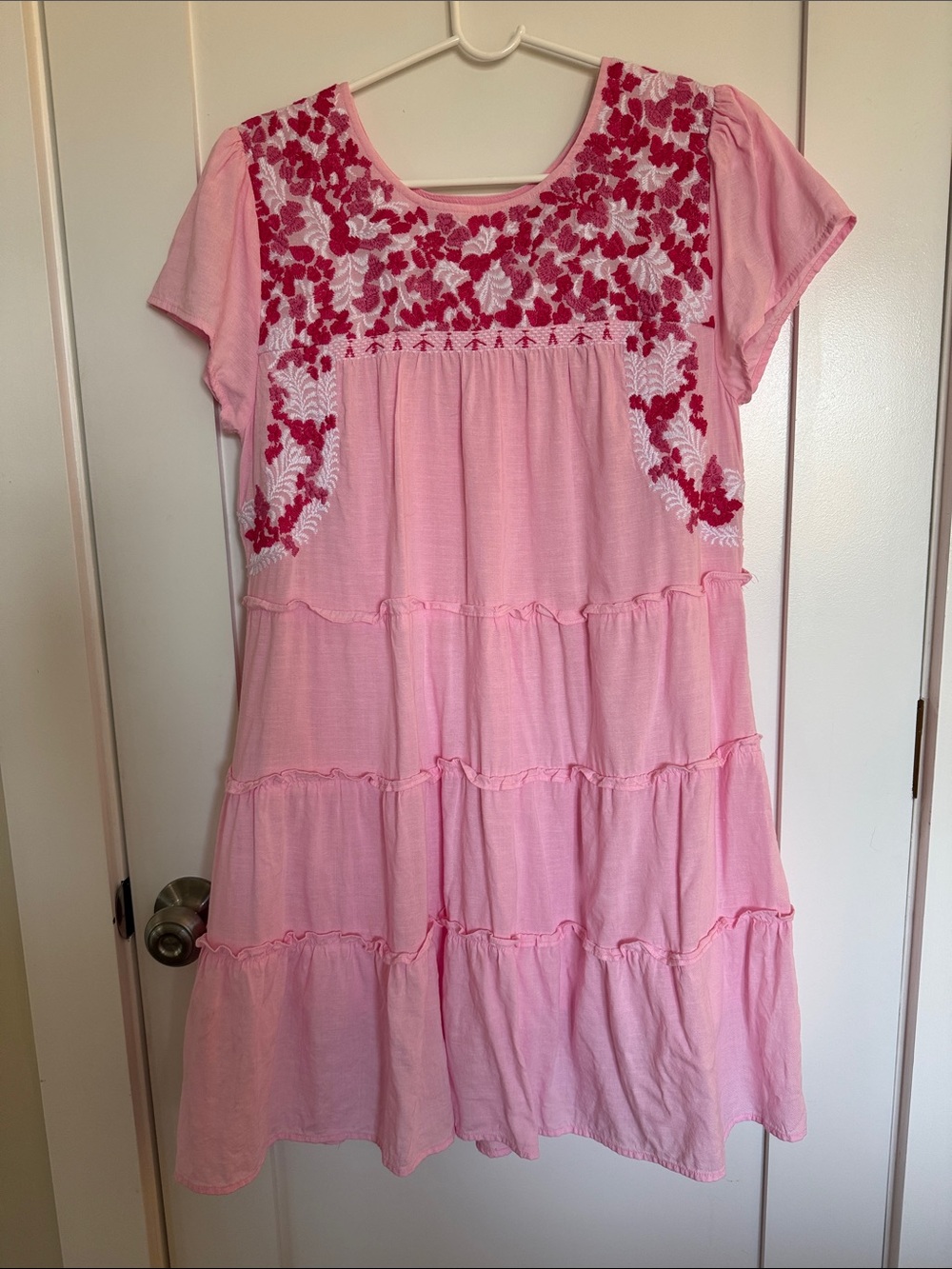Pink Embroidered Tiered Mini Dress